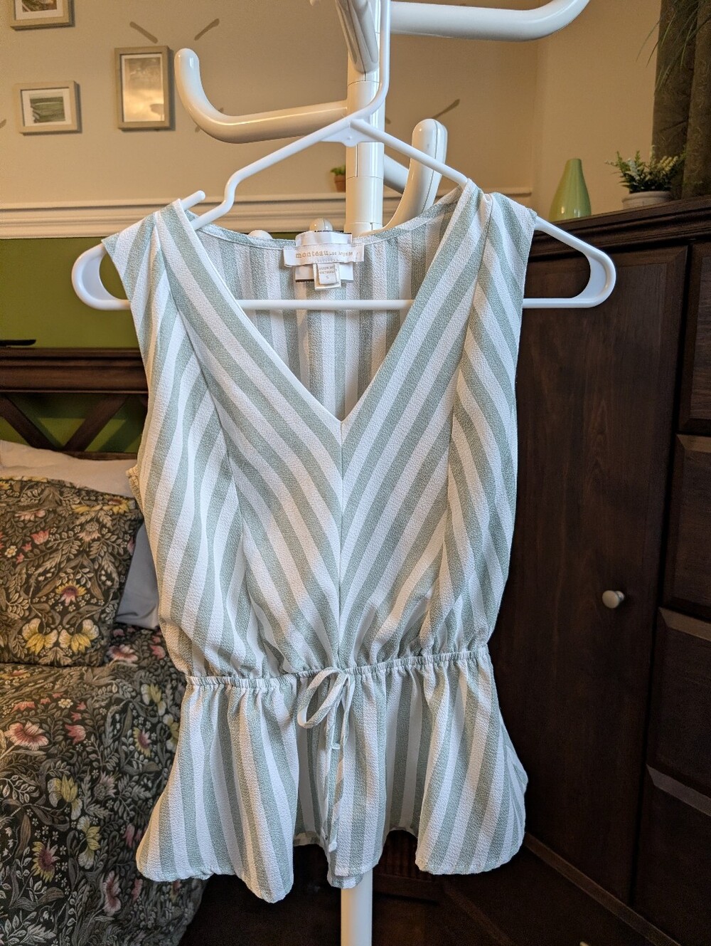Monteau Mint Green and White Striped Sleeveless Peplum Top